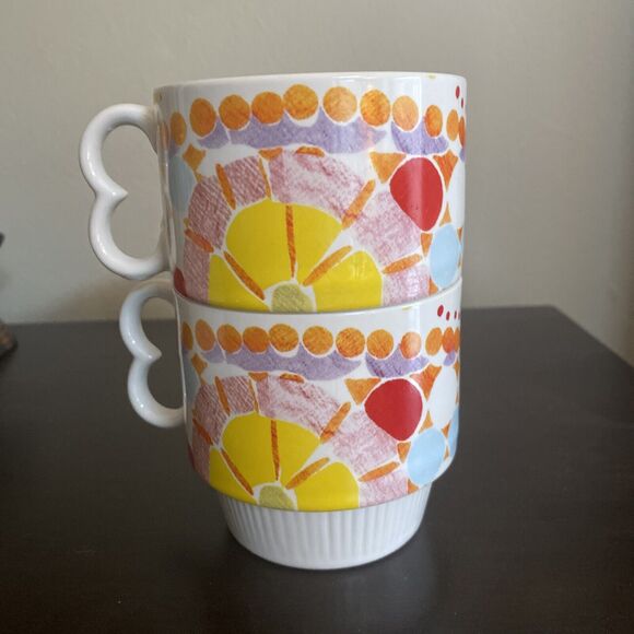 Set Of 2 Anthropologie Stackable Abstract Polka Dot Floral Mugs Coffee Tea Retro - Picture 1 of 6